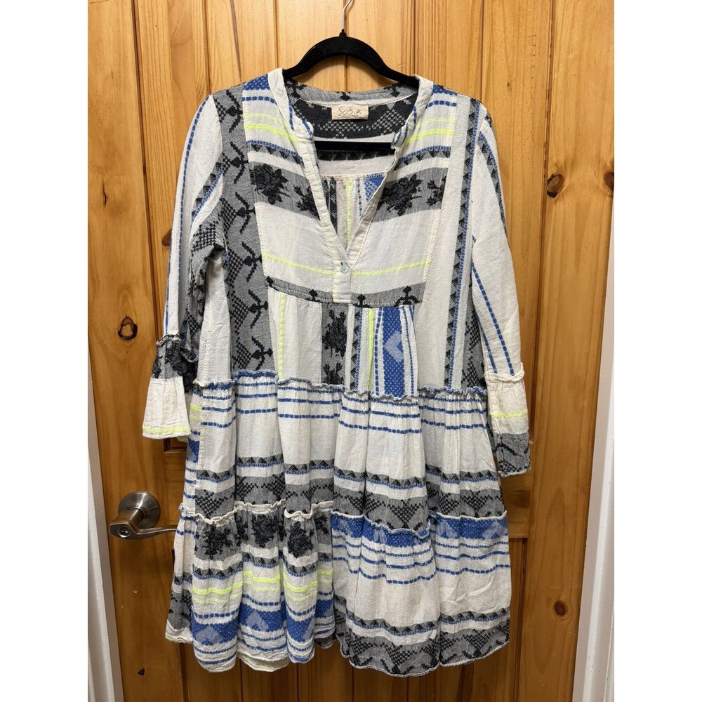 Sofia Tori Dress Jacquard Hand Woven Tiered Bell Sleeve Blue Neon Cotton Size S